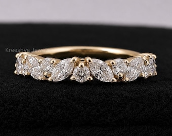 Anillo de media eternidad con diamantes cultivados en laboratorio, diamantes talla marquesa y redonda, alianza de boda para mujer, anillos apilables para mujer, regalo de aniversario
