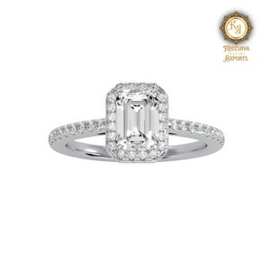 Emerald Cut Moissanite Engagement Ring: Halo Sterling Silver Proposal