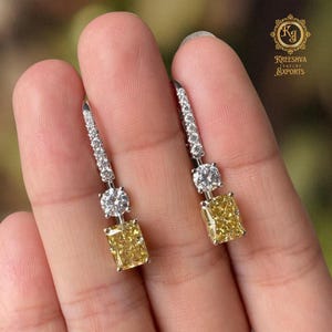 Canary Yellow Sapphire Dangle Earrings 4.0 CTW Radiant Cut Leverback Earring Stunning Sapphire Wedding Earrings 18k Gold Anniversary Gift