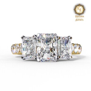 Radiant Cut Moissanite Three Stone Engagement Ring: Half Eternity Pave Setting