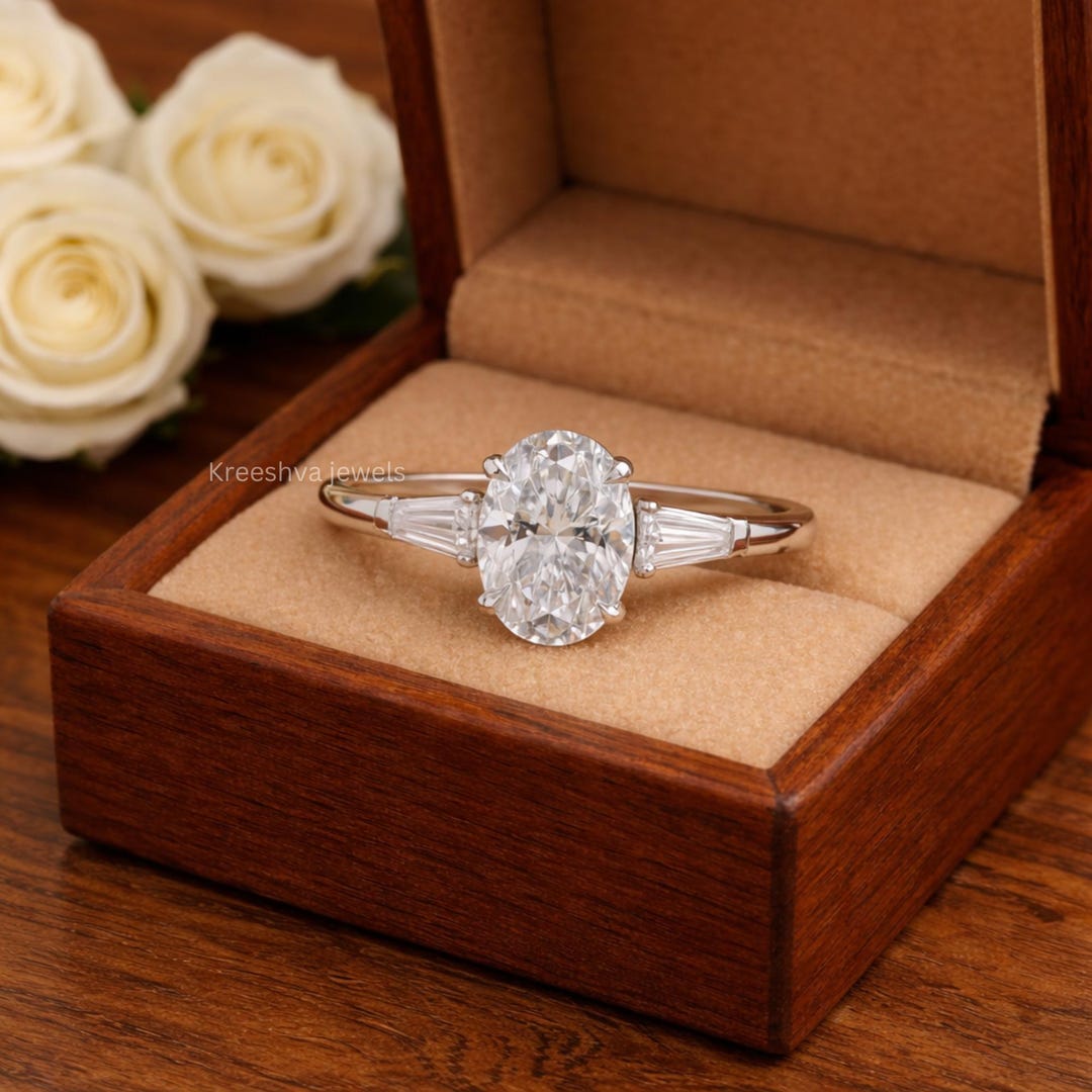 2.50 TCW Three Stone Oval Cut Moissanite Engagement Ring Tapered ...
