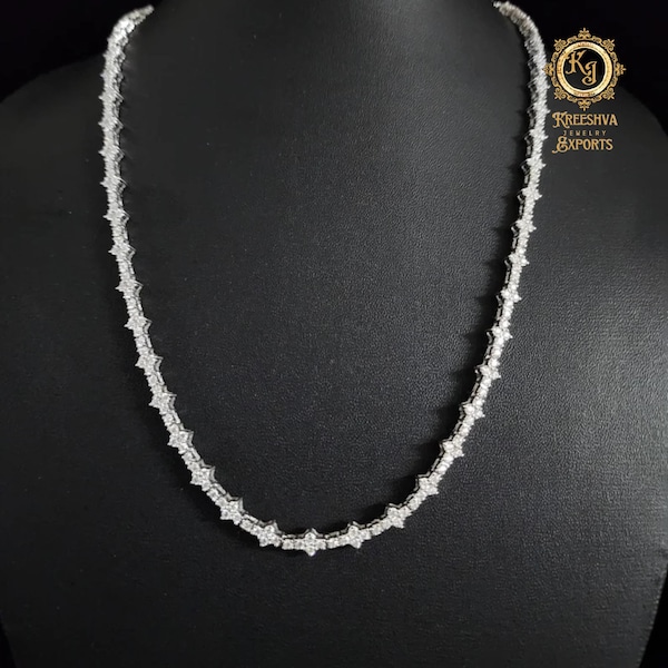 Collar de tenis con racimo de diamantes, cadena de eslabones florales de moissanita/diamante cultivado en laboratorio, collar de oro blanco de lujo