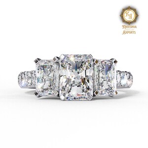 Radiant Cut Moissanite Three Stone Engagement Ring: 18K Gold Pave Band