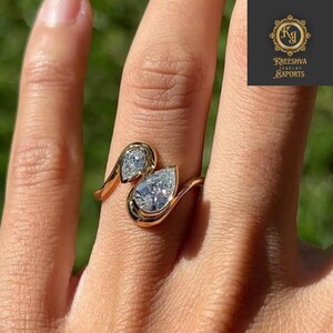 2.0 CT Pear Cut Moissanite Ring Toi Et Moi Engagement Ring, Bezel Set Two Stone Moissanite Ring, 14k Yellow Gold Diamond Wedding Ring