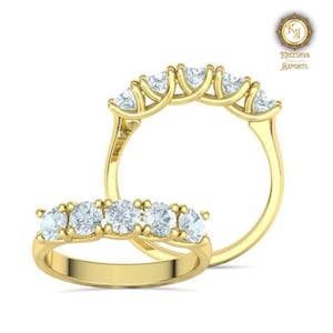 Round Cut Five Stone Moissanite Ring, 14K Solid Yellow Gold Ring, Wedding Moissanite Band, Five Stone Moissanite