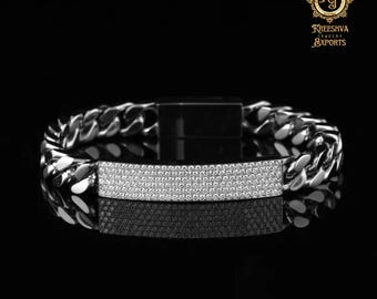 Bracelet d'identification à maillons cubains noirs glacés, bracelet avec plaque signalétique en diamants, bracelet chaîne de luxe hip hop pour homme