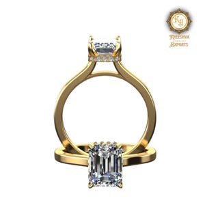 Emerald Cut Moissanite Engagement Ring: Pave Hidden Halo, Cathedral Setting