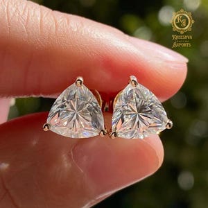 Trillion Cut Moissanite Stud Earrings: 3.0 TCW, Yellow Gold