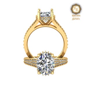3.50 CT VVS Clarity Oval Cut Moissnite Diamond Ring, Split Shank Engagement Ring, Round Side Diamonds, 18k Yellow Gold Ring