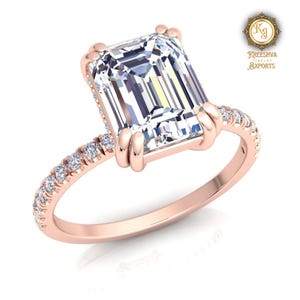 Emerald Cut Moissanite Engagement Ring: Handmade Pave Hidden Halo, Cathedral Setting