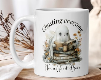 Funny Book Lover Mug, Cute Ghost Reading Mug, Cozy Bookworm Coffee Cup, Introvert Reader Gift, Literary Halloween Mug