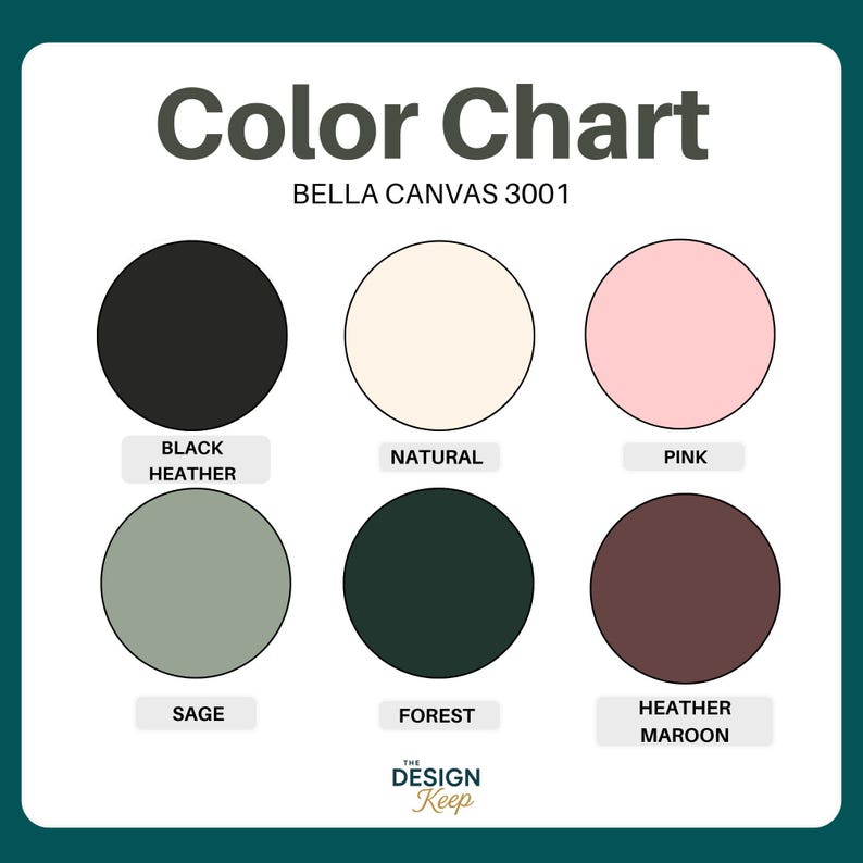 May include: Color chart for Bella Canvas 3001. The chart displays six color swatches: black heather, natural, pink, sage, forest, and heather maroon. The text "The Design Keep" is at the bottom.