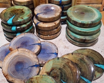 Rustic Wood & Resin Coaster Set: Live Edge Drink Coasters with Holder