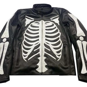 Men&#39;s Black Leather Jacket Skeleton Bones Biker Style Motorcycle Riding Jacket Handmade Genuine Cowhide Leather Coat - Perfect Gift For Him