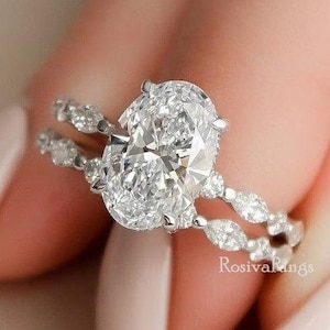 Oval Moissanite Engagement Bridal Ring Set, 3 CT Oval Diamond Ring With Matching Band, 14K Solid Gold Diamond Wedding Anniversary Ring Set.
