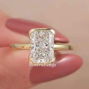 2.5 CT Radiant Cut Moissanite Half Bezel Engagement Ring, 14K Solid Gold Solitaire Ring, Modern Minimalist Bridal Jewelry Gift for Her.