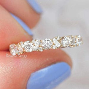 Round & Baguette Moissanite Half Eternity Band, 14K Gold Stacking Ring, Wedding Band, Minimalist Moissanite Anniversary Ring Gift For Women
