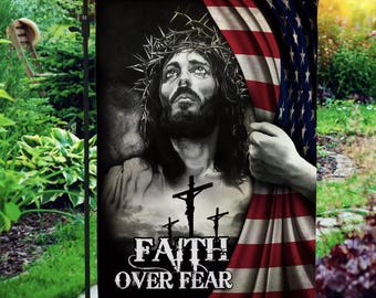 Faith Over Fear Jesus Christian Cross American Flag Outdoor Decorative Garden Flag
