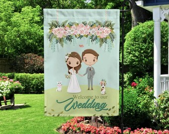 Wedding Garden Flag – Bride Groom Couple, Floral Arch, Outdoor Decor