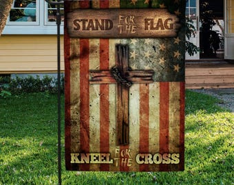 Patriotic Cross Garden Flag – Stand for The Flag, Kneel for Cross Outdoor Decor