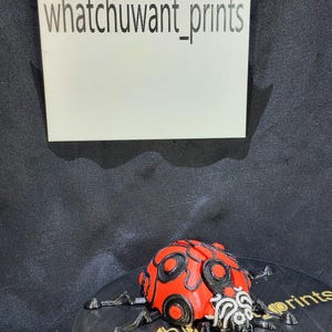 Puede incluir: Una figura de mariquita impresa en 3D con un cuerpo rojo y patrones circulares y lineales negros. La mariquita tiene patas negras y una cara blanca y negra. El texto "whatchuwant_prints" es visible en una tarjeta blanca y en la base.