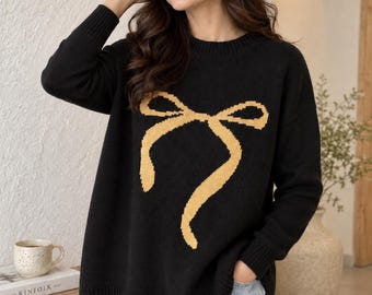 Ladies Bow Design Sweater Women Knit Jumper Pullover, Oversized Plus Size Knitwear Top, Women’s Knitted Jumper Plus size Clothing UK 10-20