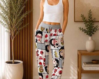Plus Size Comic Print Pants Women 16-22, Pop Art Joggers, Drawstring Waist, Cotton Lounge Trousers, Funky Casual ladies cotton trouser