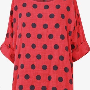 Ladies Lagenlook Polka Dot Cotton Tunic Top | Italian Loose Fit Blouse | Summer Blouse | Tunic Top for Women One Size Fits UK 10–18