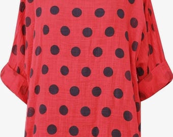 Ladies Lagenlook Polka Dot Cotton Tunic Top | Italian Loose Fit Blouse | Summer Blouse | Tunic Top for Women One Size Fits UK 10–18