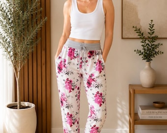 Plus Size Printed Cotton Pants for Women, Italian Loose Fit Trousers, Elastic Waist Summer Pants Spring Casual One Size Pants plussize 16-22