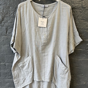 Oversized Tunic Top with Pockets | 3/4 Sleeve Loose Fit Shirt | Italian Made Button Front Blouse | Summer Top, Linen tops for women UK 14–22