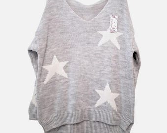 Womens Lagenlook Star Sleeve Jumper – Comfy V-Neck Knitwear Top, Ribbed Oversized Sweater, Regular Fit One Size 8–14 Casual Knit jumper