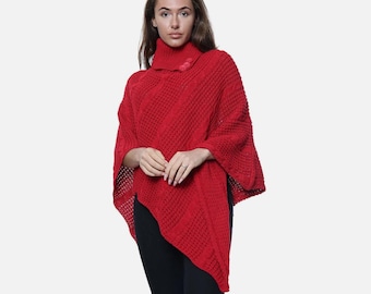 Womens 3 Button Collar Poncho Cable Knit Cape Shawl Wrap Ladies Oversized Sweater Jumper  Poncho for Ladies Plus size Clothing One Size 8-26
