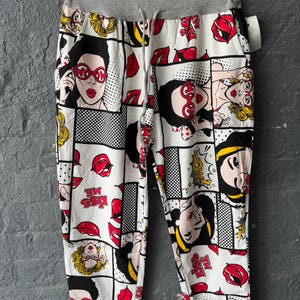 Plus Größe Comic Print Hose Frauen 16-22, Pop Art Joggers, Kordelzug Taille, Baumwoll Lounge Hose, Funky Casual Damen Baumwollhose