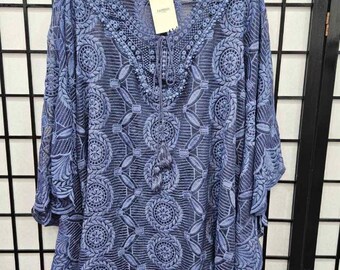 Italian Lace Kaftan Top with Tie Neck | Layered  Tunic Cover Up | Cotton Crochet Style Blouse Summer Wear Plus size Tunic Top OneSize 10–20