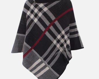 Handmade Tartan Check Poncho Shawl | Oversized Jumper Top | Roll Neck Winter Knitwear Poncho for Ladies Plus size Clothing One Size 8-26