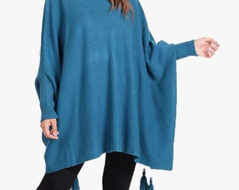 Women's Italian Boxy Batwing Poncho with Tassels Knitted Cape Shawl Top Oversized Winter Poncho for Ladies Plus size Clothing one size 10-28