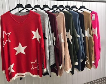 Ladies Oversized Star Print Knit Jumper Lagenlook Sweater Top, V-Neck Pullover Knitwear Plus size Clothing Women Jumper Plus Size 16–24