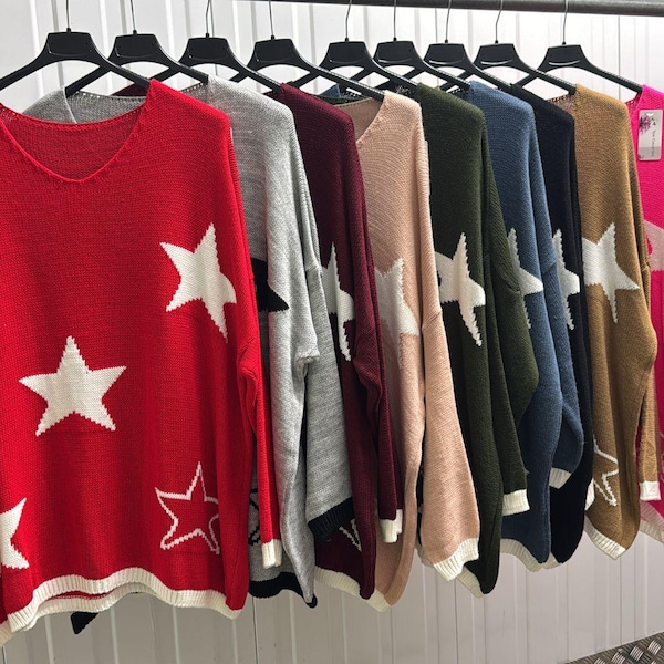 Maglione oversize da donna con stampa a stelle Lagenlook, maglione con scollo a V, maglieria, abbigliamento taglie forti, maglione da donna taglie forti 16–24