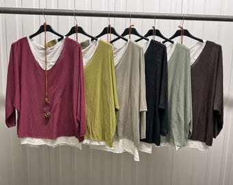 Ladies Italian 2-in-1 Top, Batwing Jumper, Fine Knit Glitter Tunic, Necklace Layered V-Neck Summer Blouse, Tunic Top for Women One Size 8–16