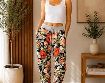 Floral Jogger Pants Women, Flower Print Lounge Pants, Drawstring Trousers, Elastic Waist Pants, Casual Travel Pants, Joggers Regular 8-14