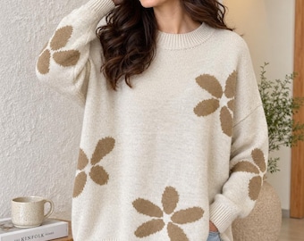 Ladies Sweater Women Daisy Knit Jumper Pullover, Oversized Floral Jumper Plus Size Clothing, Women Knitted Pullover Top UK 14–22