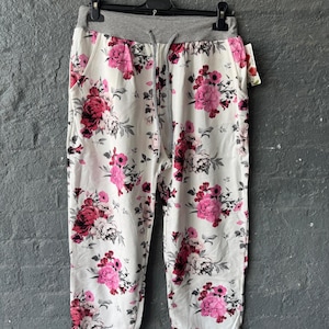 Plus Größe Gedruckt Baumwollhose für Frauen, Italienische Loose Fit Hose, Elastische Taille Sommerhose Frühling Lässige Hose Einheitsgröße plussize 16-22
