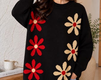 Ladies Sweater Women Floral Knit Jumper Pullover, Ladies Italian Knitted Oversized Jumper Plus size Clothing Women Jumper Plus Size UK 14–22
