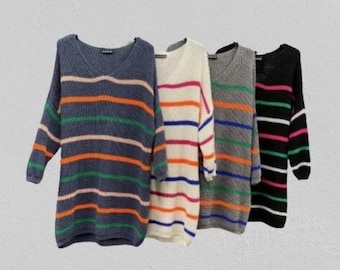 Handmade Oversized Multi Striped Knit Jumper, Plus Size Women’s Sweater, Loose Fit Pullover Knitwear, Casual Winter Knitted Top UK 14–26