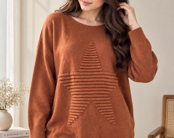 Oversized Star Knit Jumper | Ladies Sweater • One Size 8–14 • Made in Italy Knitwear • Ladies Soft Winter Jumper | Gifts for Her