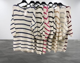 Handmade Oversized Striped Knit Jumper, Plus Size Women’s Sweater UK 14–26, Loose Fit Pullover Knitwear, Cozy Casual Winter Knit Top