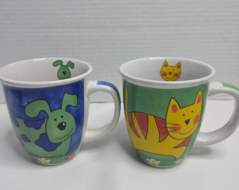 Tazze da caffè/tè vintage in ceramica WCL con decorazioni a tema cane e gatto, nuove senza etichette.