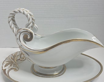 Vintage 19th Century Late 1800's French White & Gold Porcelain Gravy/Sauce Boat