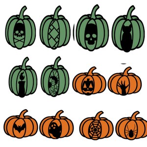 May include: A collection of twelve pumpkin illustrations arranged in three rows. The top two rows feature green pumpkins with black cut-out designs including skulls, a cat, a candle, and sunflowers. The bottom row shows orange pumpkins with black designs.